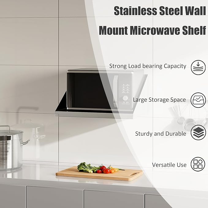 18x24 Stainless Steel Microwave Shelf 200 LB Heavy Duty Metal Wall Mount Floating ShelvingCommercial Microwave Rack for Kitchen Restaurant Bar Home Hotel and Office