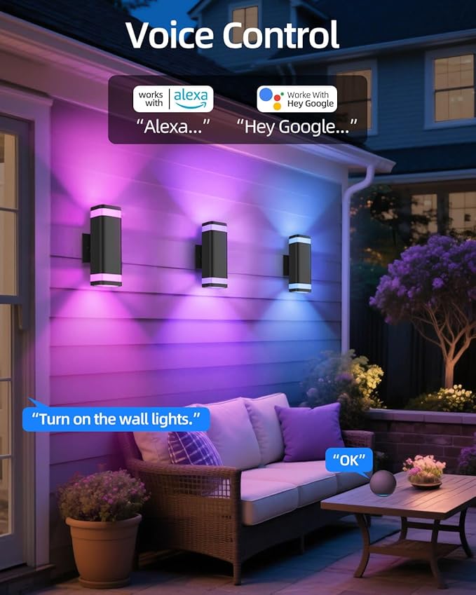 Smart Outdoor RGB Wall Lights 2 Pack Wi-Fi &amp App Control Color Changing Up and Down Wall Sconce with Remote Dusk to Dawn Waterproof Exterior Lighting Fixtures Works with Alexa Google Assistant