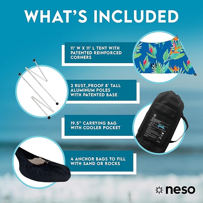 Neso Gigante Portable Beach Tent Sun Shelter - Lightweight Beach Shade Canopy - Easy Setup for Family Outings - Patented Reinforced Corners - UPF 50+ - 8ft Tall 11 x 11ft - Tropical Floral