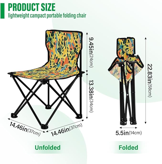 Leopard Spots Orange Black Compact Portable Chairs for Adults Ultra Lightweight Youth Camping Chair Includes Carry Bag Portable Chair for Waiting in Line for Concert Fishing