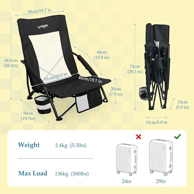 Low Folding Beach Chairs for Adults Portable Lightweight Sling Beach Camping Chair with Cup HolderArmrestFoldable Camp Lawn Chair for Outdoor Sand Concert Travel Sport Events
