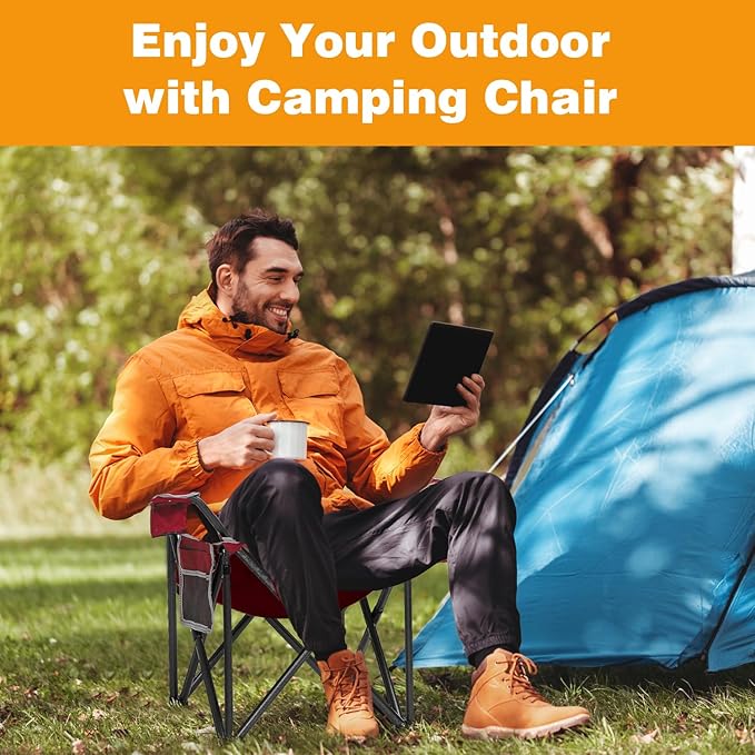 2PCS Folding Camping Chair Portable Outdoor Heavy Duty Padded Chairs Lawn Chair with Cup Holder Storage Pocket and Cooler Bag Supports 480LBS Red