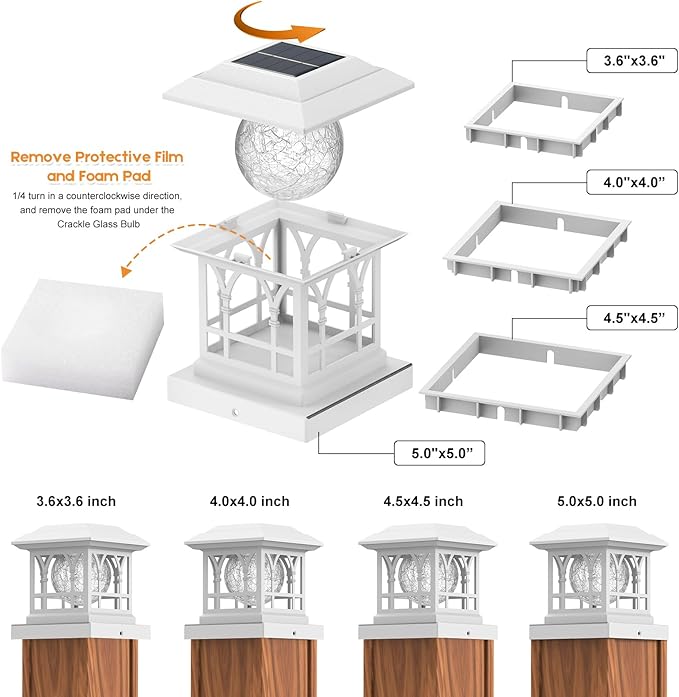 Fence Post Solar Lights Crackle Glass Solar Post Cap Lights 20 Lumens Warm White &amp RGB Automatic Cycling 2 Modes for 3.6x3.6 4x4 4.5x4.5 5x5 Vinyl Wooden Posts Decoration White (2 Pack)