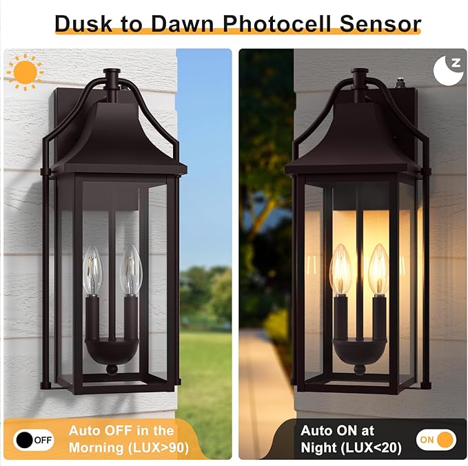 𝟏𝟖𝑰𝑵 Outdoor Wall Sconce Fixtures Dusk to Dawn Patio Lights Waterproof Exterior Lanterns 2-Light Modern Wall Light Mounted with Glass Brown Outside Lights for House Front Door Decor