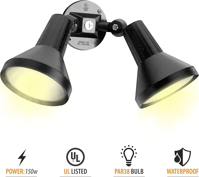 Ciata 15 Outdoor Security Flood Light 2 Head with Heavy Duty Cast Aluminum Body 150W PAR38 Weather White Finish