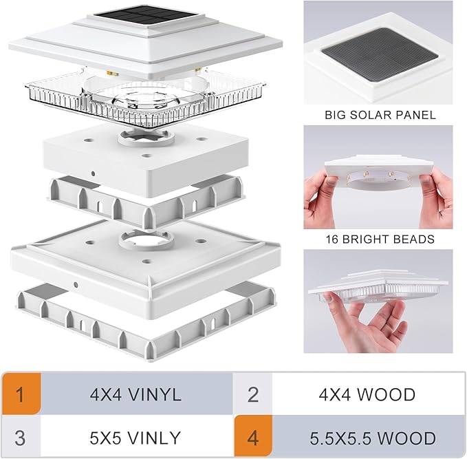 APONUO Solar Post Cap Lights 16-Pack White IP64 Waterproof 16 LED Fence Post Solar Lights for 4x4 5x5 6x6 Wood/Vinyl Posts 2-Mode Deck Post Lights Solar Powered 10-Hr Lighting for Patio Yard Porch