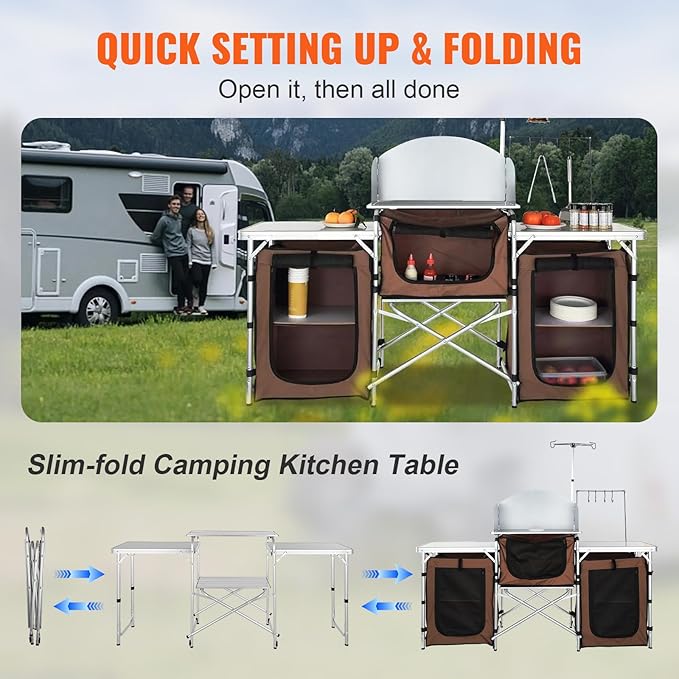 VEVOR Camping Kitchen Table Folding Outdoor Cooking Table with Storage Carrying Bag Aluminum Cook Station 3 Cupboard &amp Detachable Windscreen Quick Set-up for Picnics BBQ RV Traveling Brown