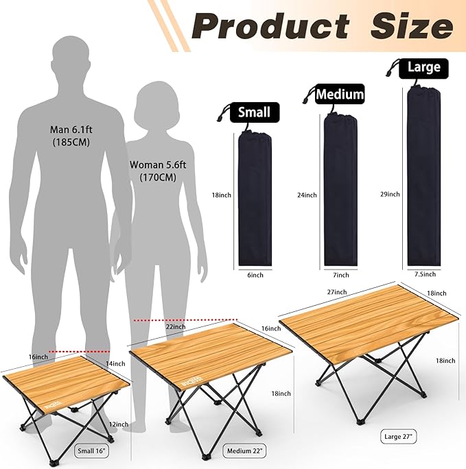 Portable Camping Table Compact Camping Side Table with Carrying Bag Ultralight Aluminum Beach Table Folding for Hiking Camping Picnicking BBQ Outdoor Cooking (Wood Medium 22)