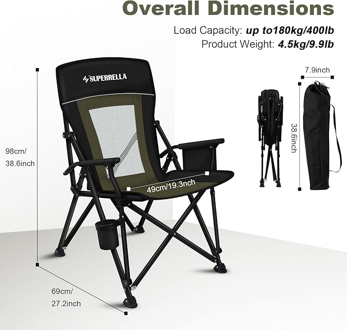 Camping Chair Portable Folding Lawn Chair Comfortable Hard Arm Sturdy for Family Camp Outdoor Sports Beach Travel Support 400 lbs Black&ampGreen