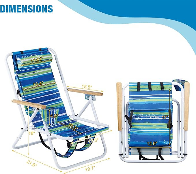 Folding Beach Chair Set of 2 for Adults 4 Position Portable Backpack Foldable Camping Chair with Headrest Cup Holder and Wooden Armrests Blue &amp Green Stripes