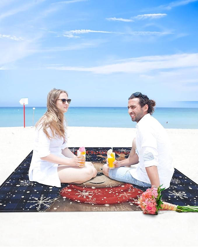 Beach Blanket Waterproof Sandproof Reindeer Xmas Ball Winter Snowflakes Quick Drying Beach Mat with 4 Stakes Blue Black Buffalo Check Lightweight Picnic Blanket for Travel Camping Outdoor 83x79