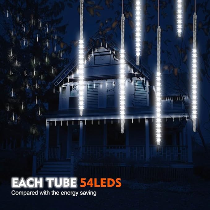 BlueFire Upgraded Meteor Shower Lights 19.68 Inch 10 Tubes 540 LEDs Outdoor Icicle Christmas Lights Waterproof Falling Rain Lights for Tree Holiday Porch Yard Patio Roof Party Decoration (White)