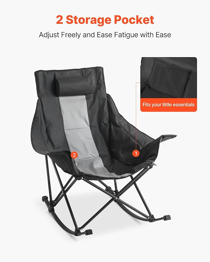 VEVOR Rocking Camping Chair Portable Folding Rocker Heavy-Duty Lawn Chair Recliner with Cupholder &amp Pocket Supports 225lbs Fully Padded Camp Chairs for Outdoor Patio Backyard Porch Garden