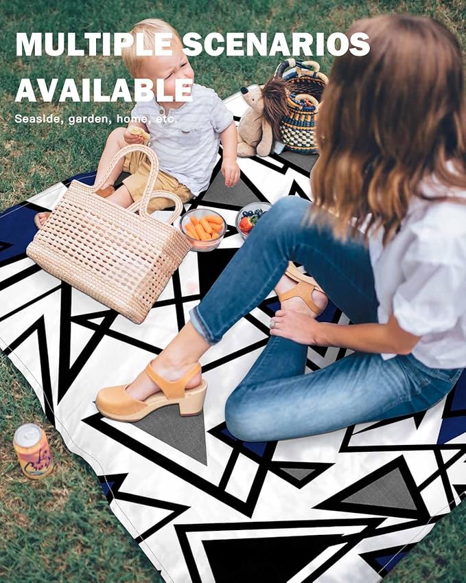 Beach Blanket Waterproof Sandproof OversizedNavy Blue Black Geometric Triangle Beach Mat with Corner Stakes Sand PocketsModern Abstract Style Outdoor Picnic Mat for Travel Camping Hiking83x79In