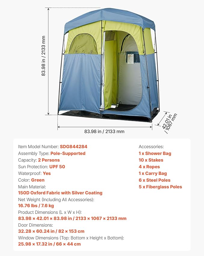 VEVOR Camping Shower Tent 2-Room Portable Privacy Tent Changing Room with Shower Bag Ground Stakes Ropes Carry Bag and Support Poles 150D Oxford Fabric with Silver Coating for Camping Fishing