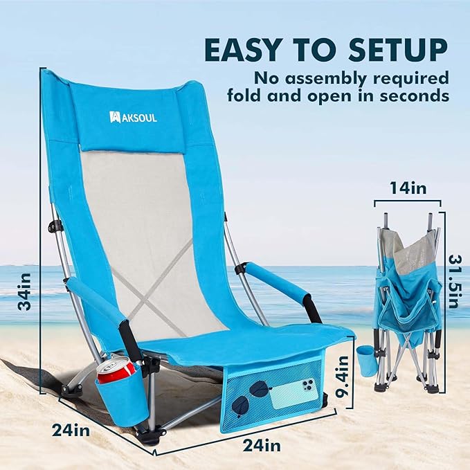 AKSOUL Folding Beach Chair for Adults: Low/High Back Chairs with Carry Bag - Extra Wide Seat Chair with Comfortable Pillow &amp Storage Pocket (1 Pack &amp 2 Pack Blue)