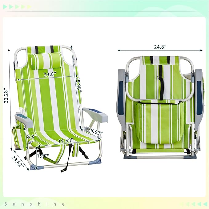 Backpack Beach Chairs Low 5 Position Beach Chair with Pouch Straps Folding Lightweight Reclining Aluminum Lay Flat Single (Green Stripes Low)