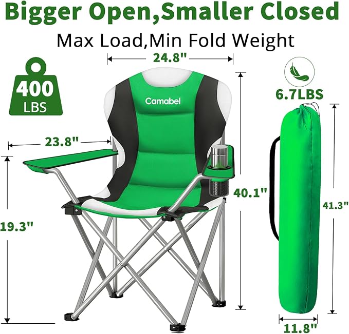 Camabel Folding Camping Chairs Hold Up 400lbs Extra Large Outdoor Lawn Chair Padded Sports Chair Lightweight Chairs for Beach Hiking Fishing BBQ Spectator with Storage Bag and Cup Holder Green