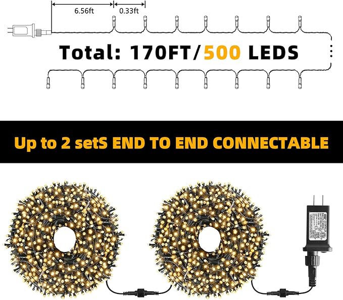 XTF2015 170FT 500 LED Christmas String Lights Christmas Lights End to End Plug 8 Modes Memory Function with Timer UL Certified Outdoor Indoor Fairy Light Christmas Tree Patio Party (Warm White)