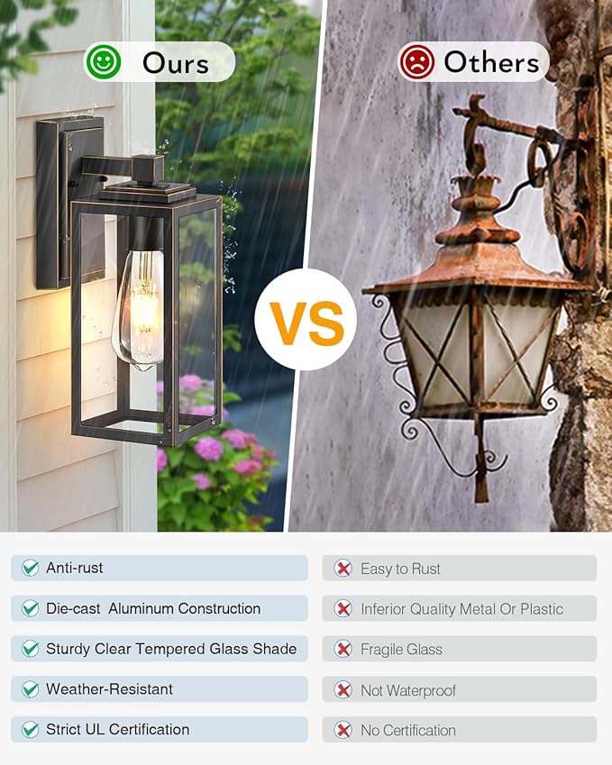 VIANIS Exterior Lights for House Outdoor Wall Sconce Lantern Black Outdoor Light Fixtures Lantern with Clear Toughened Glass Shade for Garage Garden Patio Waterproof100% Aluminum