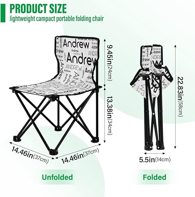 Sinestour White Custom Folding Camping Chair for Teen Child Personalized Name 14.6×14.6in Portable Outdoor Chair with Carry Bag for Picnic Barbeques Beach