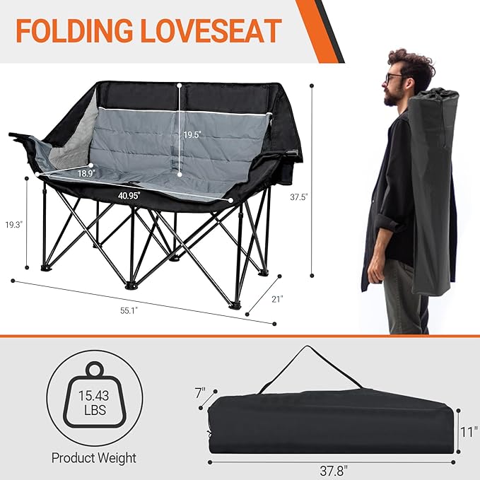 Double Camping Chair for Adults - Heavy Duty 700LB Oversized Padded Camping Loveseat 2 Person Folding Outdoor Chair with Cup Holders for Lawn Backyard (Grey)