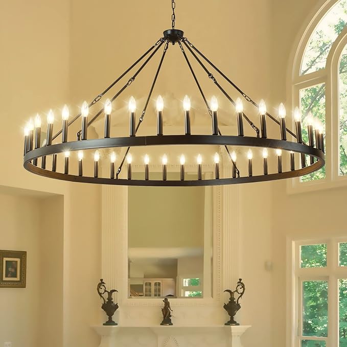 64 Inch Black Extra Large Wagon Wheel Chandelier 42-Lights Farmhouse Industrial Round High Ceiling Pendant Light Adjustable Chain for Dining Room Living Room