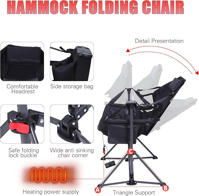 CDEN Heated Hammock Chair Heated Camping Chair Heated Swing Chair Heavy Duty with Stand Cup Holder Side Bag Power Bank Included for Patio Camping Backyard (1 Pack)
