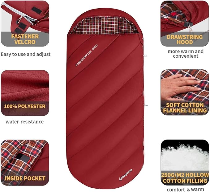 KingCamp Sleeping Bags Big and Tall Flannel Sleeping Bag for Adults Lightweight Portable Extra Wide Sleep Bag for Camping Backpacking Perfect for Cold and Warm Weather Outdoor Gear