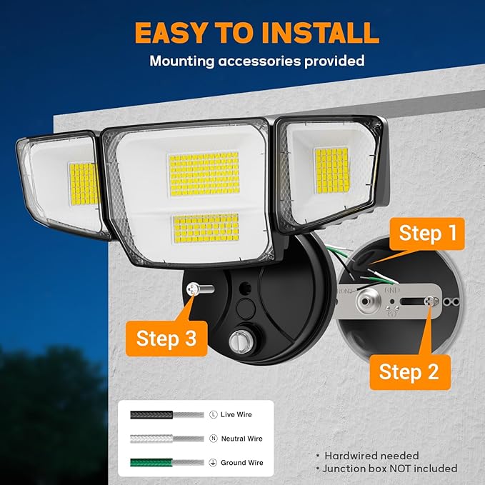 90W Flood Lights Outdoor 10000LM Dusk to Dawn Outdoor Lighting IP65 Waterproof 6500K Daylight 4 Heads LED Security Light for Garage Yard Porch (Black)