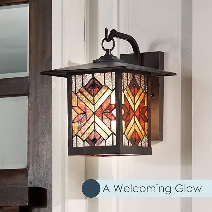 RIVER OF GOODS Stained Glass Outdoor Light Fixture - 11.75 H - Mission Style Porch Light - Peggy