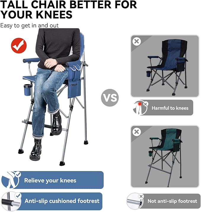 Foldable Directors Makeup Salon High Chair - Portable Camping Bar Height Folding Photoshoot Chairs with Stroage Bag Cup Holder Non-Slip Footrest Supports 400 lbs Blue Tall Director Chair