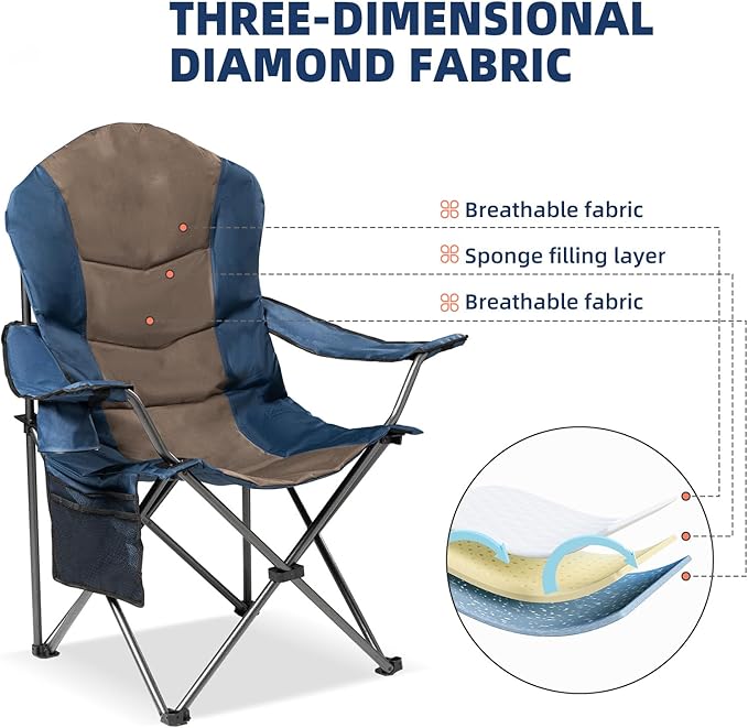 2 Pack Folding Camping Chairs for Adults - High Back Padded Outdoor Lawn Chairs with Lumbar Support &amp Cup Holder 400lbs Heavy Duty Portable Camping Chairs Set (Blue &amp Brown 2 PCS)