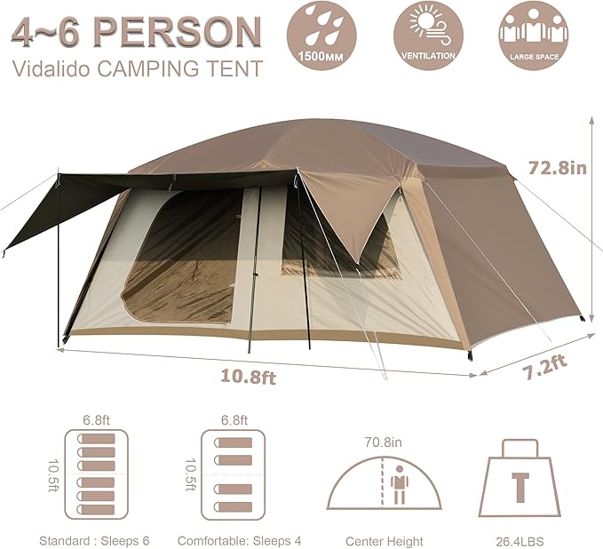 Vidalido 4-6 Person Camping Tent with 3 Door 2 Room Large Family Cabin Tents Double Layer Waterproof Portable Glamping Tent Big Tents for Outdoor Camping Hiking and Backpacking