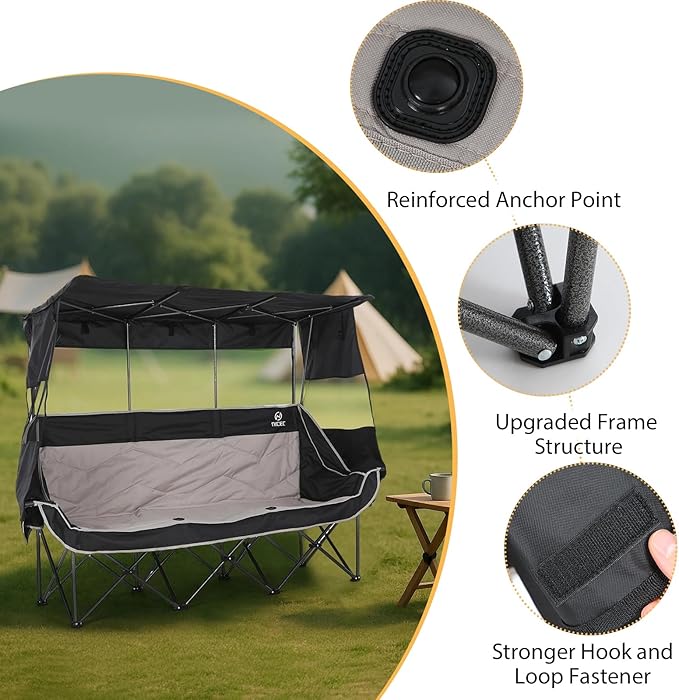 Nice C 3 Person Camping Chair with Canopy Double Chairs with Sun Shade Umbrella Chairs Loveseat Folding Portable Padded Sports Chair with Cup Holder Cooler Bag for Outdoors Lawn (Black&ampGrey
