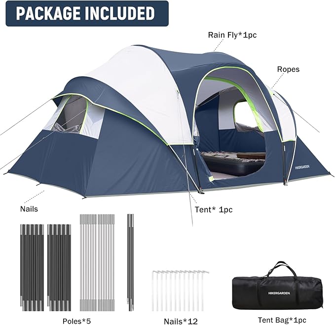 HIKERGARDEN 10 Person Camping Tent - Portable Easy Set Up Family Tent for Camp Windproof Fabric Dome Tent Outdoor for Hiking Backpacking Traveling-14'x11'x74in(H)