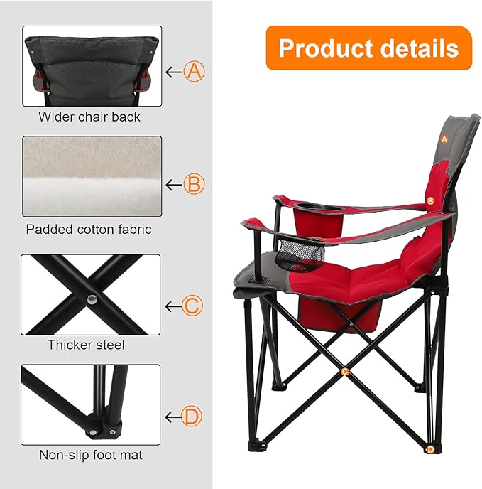 Northroad Foldable Camping Chair Heavy-Duty Outdoor Folding Chair Support Up to 300lbs for Hiking Picnics Patio Beach Fishing (Red)