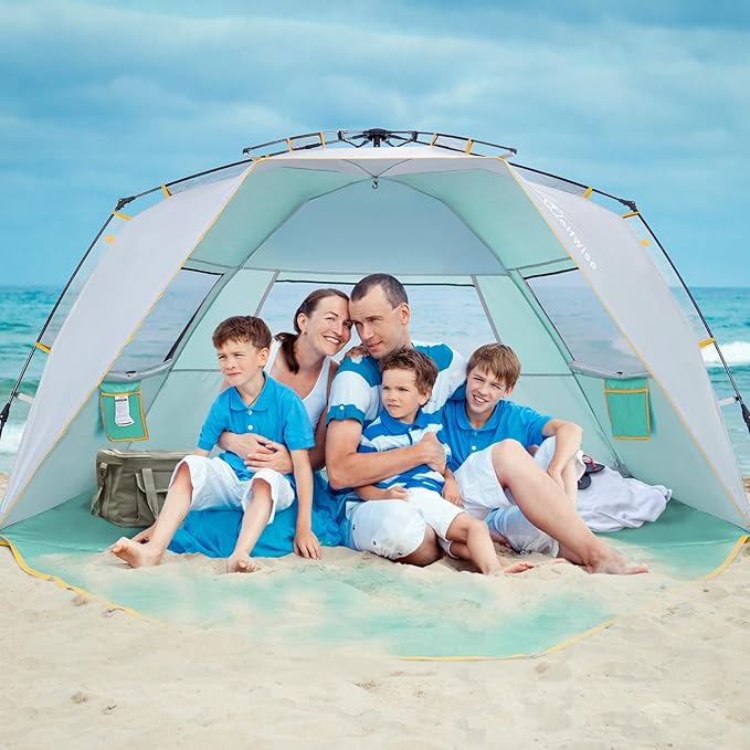 Wolfwise Instant Beach Tent Sun Shelter with Zippered Extendable Porch for Privacy Portable Beach Tents with Carrying Bag Easy Setup Pop up Beach Shade for 6-7 Person 110 x57x57 in Mint Green
