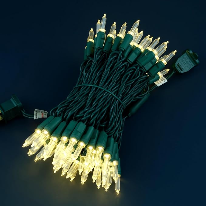 100 Warm White One-Piece LED Christmas Lights 33 ft Green Cord High Waterproof UL Certified T5 Outdoor String Lights (Warm White)