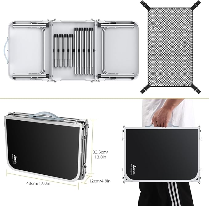 Anbte Folding Camping Table with Storage Net 3ft Camping Table Aluminum Folding Table with 3 Adjustable Height Max 27.1 Inch Picnic Table Portable Table for Outdoor Backyard BBQ Black