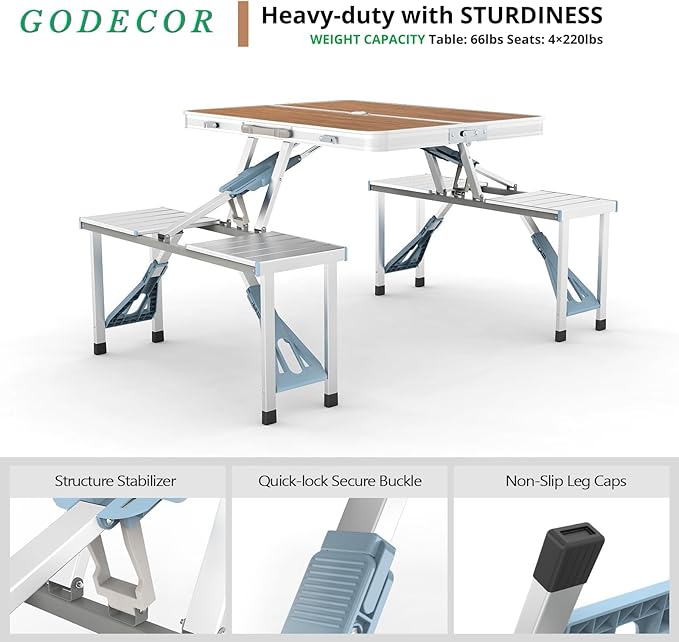 4Ft Folding Camping Picnic Table with 4 Chairs with Umbrella Hole Lightweight Suitcase Card Table-220 Lbs Support Aluminum Frame Plastic RV Tabletop for Outdoor Party Beach and Backyard