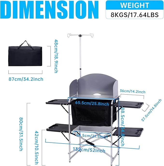 Nice C Camping Kitchen Station Camping Table Picnic Table Grill Table Folding Table Upgrade Light Stand and Windshield Cooking Station &amp Organizers Carry Bag for Beach Picnic (Silver/Black)