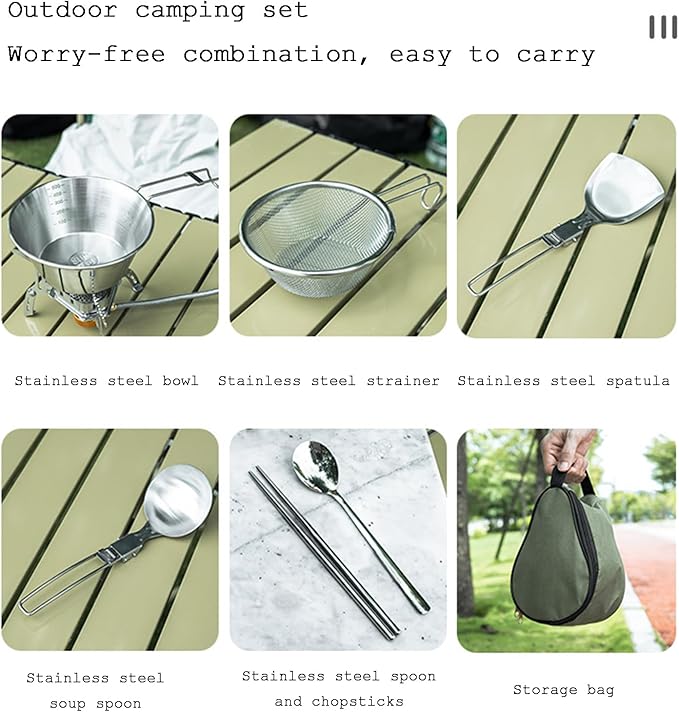 Stainless Steel Camping Tableware Kit with Bowls Strainer Spatula Spoon Chopsticks Storage Bag for Hiking Picnic