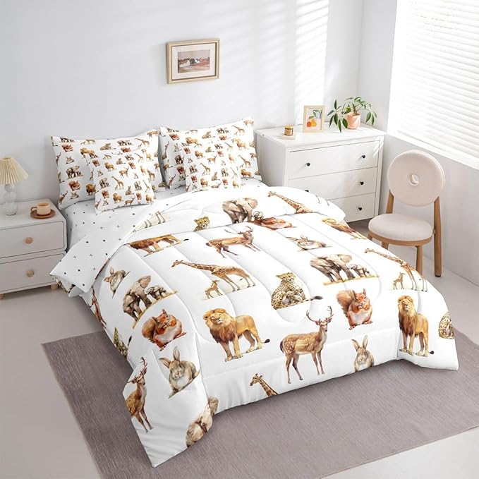 jejeloiu Zoo Animal 7 Piece Bedding Set for Girls Boys Kids Twin Size Cute Giraffe Bed in a Bag Room Decor Cartoon Animal Comforter Set with SheetsPillowcases &amp Cushion Cover White Brown Microfib