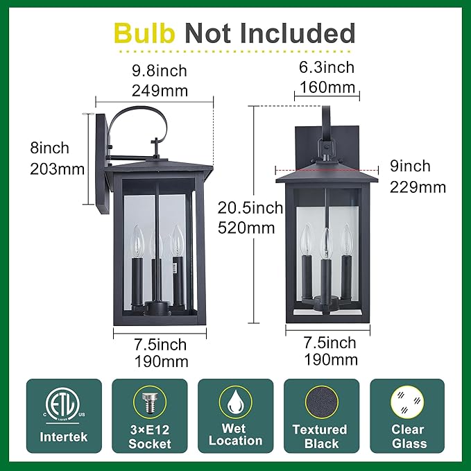 3-Light 9 inches Wide 20.5 inches High Large Wall Lantern Light with Textured Black Finish and Clear Glass New Traditional Outdoor Wall Lights for a Porch Patio Garage Barn Foyer