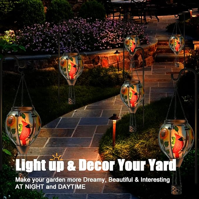 Hot Air Balloon Solar Lantern - Cardinal Bird Glass Lantern Simulated Flickering &amp Dancing Flame Outdoor Hanging Yard Light Waterproof IP65 for Patio Lawn Porch Decor Gift