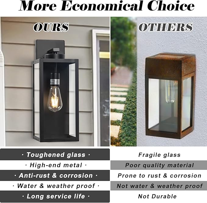 Outdoor Wall Light Fixture Large 16 Exterior Black Lantern Waterproof Farmhouse Porch Sconce Lighting with Glass Modern Wall-Mounted Outside Lights for House Garage Patio Lamp