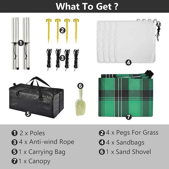 Plaid Texture Green Beach Tent Sun Shelter 9.2' x 10.5' Beach Canopy with 4 Sandbags 4 Stability Poles Sand Shovels - Tent Canopy for Beach Camping Fishing Picnics