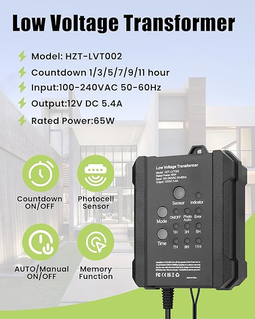 65W Low Voltage Transformer Outdoor Low Voltage Landscape Transformer with Timer &amp Photocell Sensor 120V AC to 12V DC Waterproof Power Supply for Landscape Lighting Spotlight Deck Lights