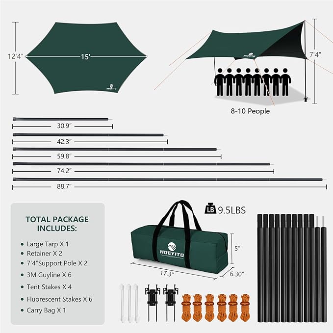 Camping Tarp with Poles &amp Retainer 15x12.5FT Large Waterproof Canopy 210D Oxford Cloth UPF80+ UV Sunshade Shelter Portable Car Awning for Outdoor Camping Hammock Backpacking &amp Beach (Gree